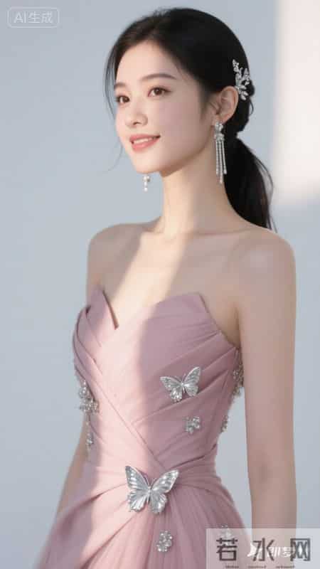 身着粉缎抹胸礼服，银蝶精致闪耀，浅笑间尽显优雅温柔