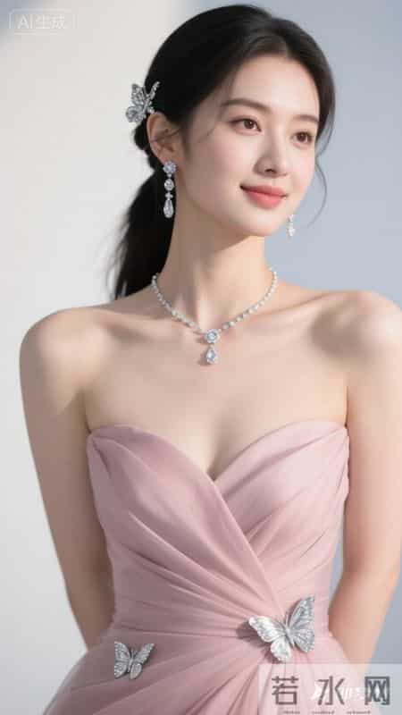 身着粉缎抹胸礼服，银蝶精致闪耀，浅笑间尽显优雅温柔