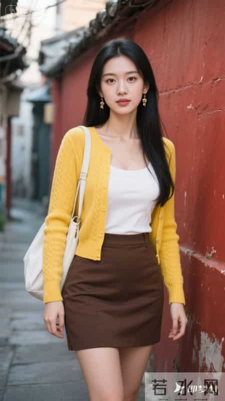 明黄针织开衫搭配白背心与棕短裙，活力又温柔