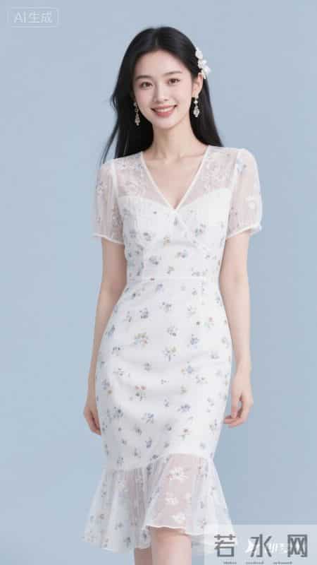 V领碎花连衣裙，鱼尾裙摆，清新又显身材