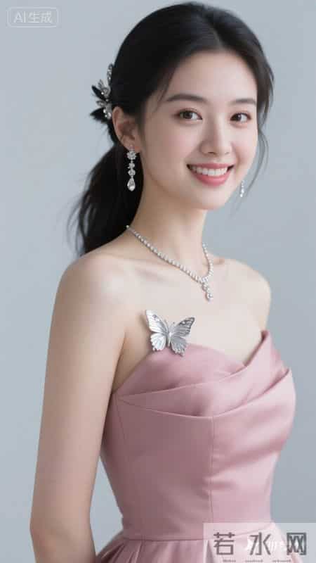 身着粉缎抹胸礼服，银蝶精致闪耀，浅笑间尽显优雅温柔