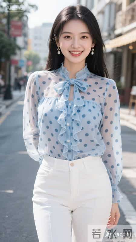 蓝色波点雪纺衬衫搭配白色裤子，清爽又清甜
