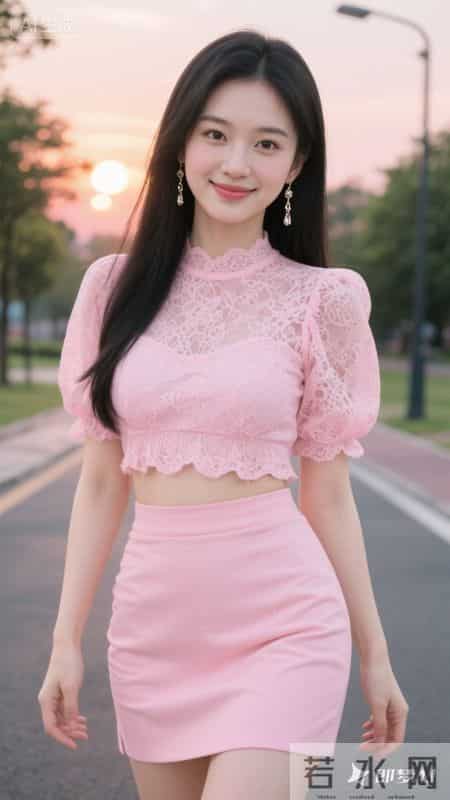 粉蕾丝泡泡袖上衣配同色包臀裙，漫步黄昏街道，甜美精致又温柔