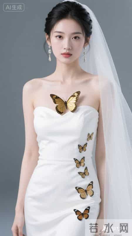 一袭抹胸白裙缀满金蝶，清冷又尽显优雅韵味