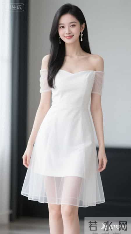 一字肩网纱连衣裙，薄袖轻透，裙摆灵动，尽显温柔优雅的气质