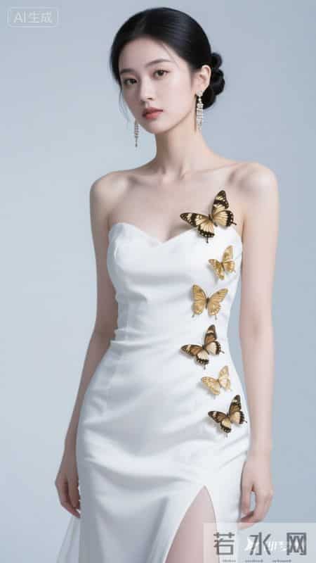一袭抹胸白裙缀满金蝶，清冷又尽显优雅韵味