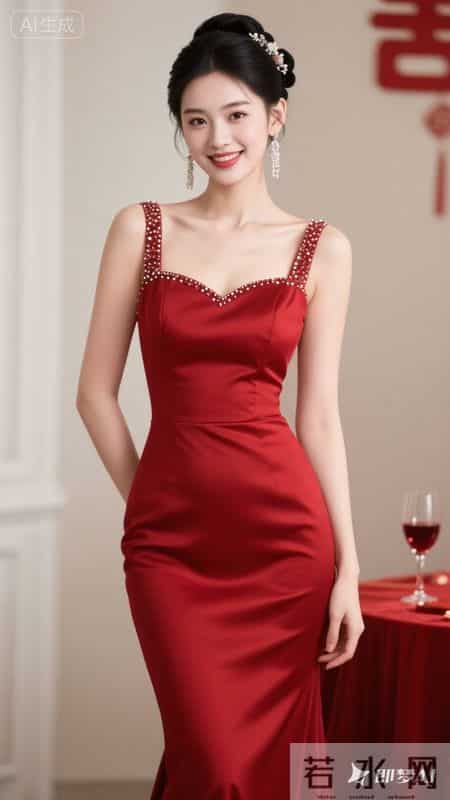正红缎面鱼尾礼服缀满钻饰，衬得身姿窈窕，明艳大气