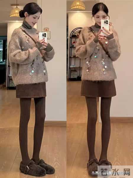 一裙多穿：休闲减龄棕色半身裙+德训鞋秋冬棕色系的百变通勤风，