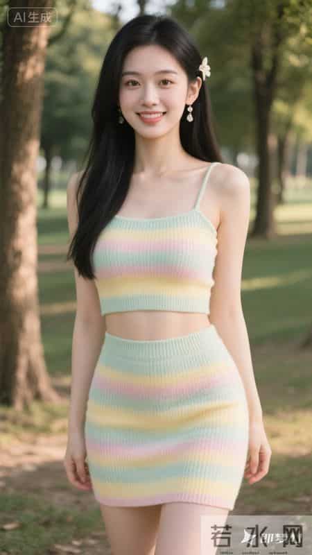 穿上彩色条纹针织套装，走在林间小路上，舒服又好看