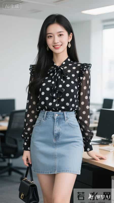 波点雪纺衬衫，搭配浅色牛仔裙，甜美又灵动