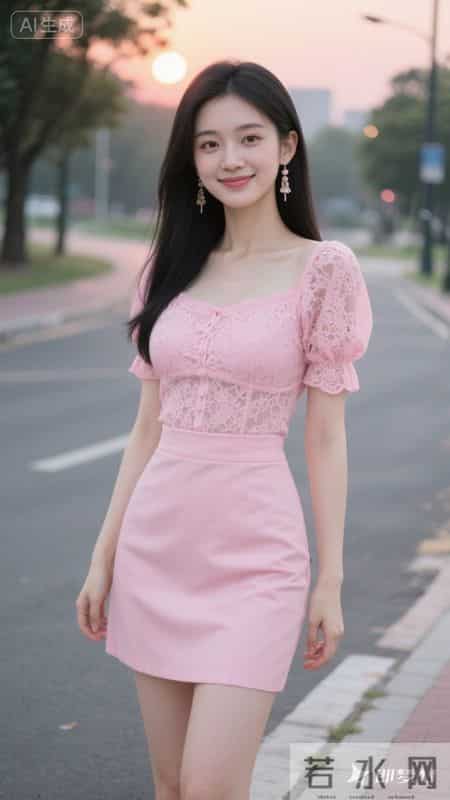 粉蕾丝泡泡袖上衣配同色包臀裙，漫步黄昏街道，甜美精致又温柔