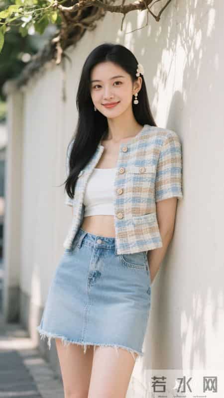 小香风外套配牛仔裙，在斑驳光影里，把优雅和随性穿在身上