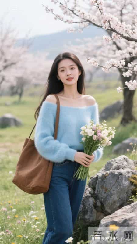 清新温柔的春日松弛风~浅蓝色一字肩毛绒毛衣自带软萌氛围感