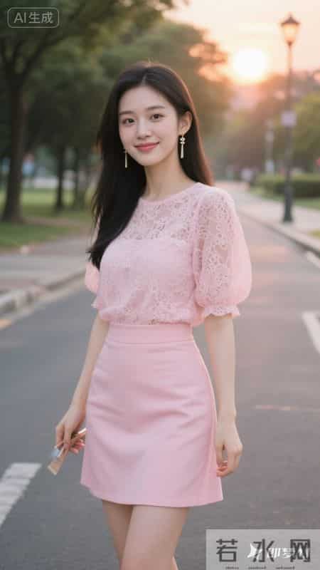 粉蕾丝泡泡袖上衣配同色包臀裙，漫步黄昏街道，甜美精致又温柔
