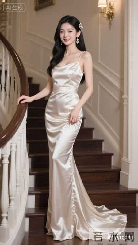 缎面鱼尾礼服拖尾蜿蜒，尽显优雅华贵气质