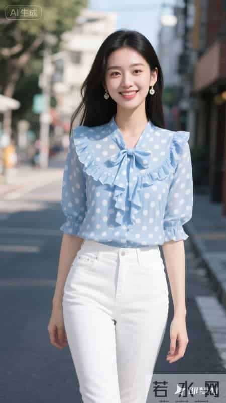 蓝色波点雪纺衬衫搭配白色裤子，清爽又清甜