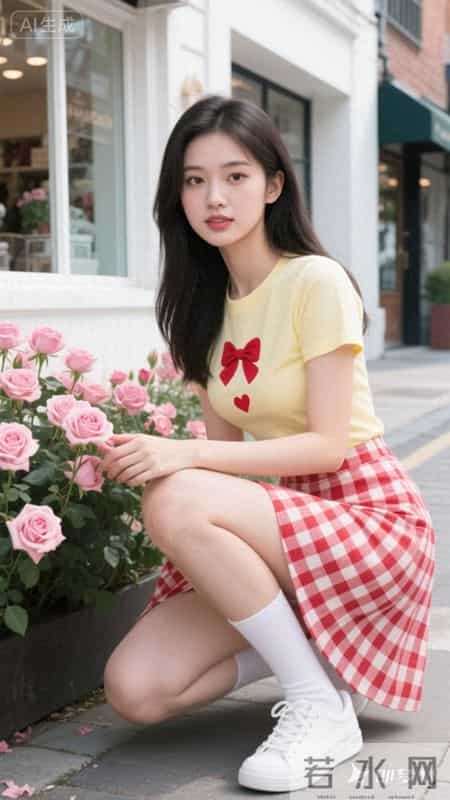 黄色短袖搭格纹短裙，青春又有活力