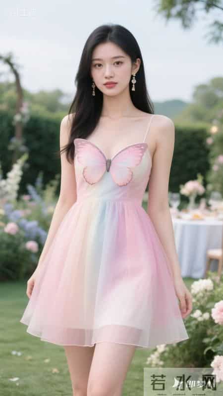 渐变粉纱裙配蝴蝶装饰,邂逅粉色浪漫