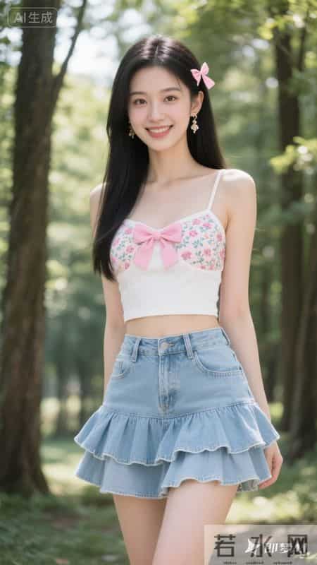 粉白小吊带和牛仔裙，简单又好看