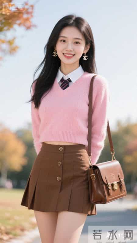 粉糯针织衫配棕色皮裙，元气又温柔的秋日穿搭