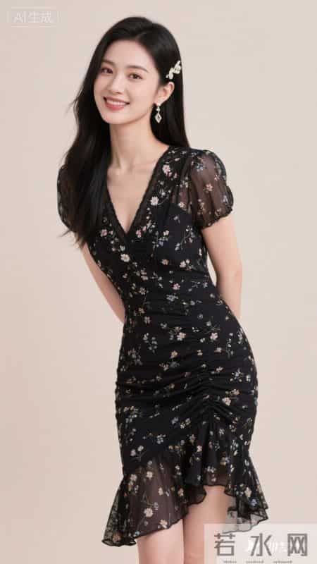 V领碎花连衣裙，鱼尾裙摆，清新又显身材