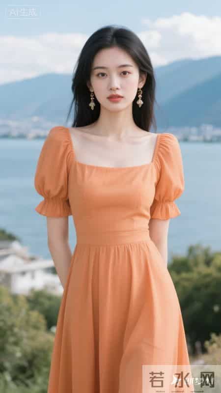 暖橘色方领泡泡袖连衣裙，清新又元气