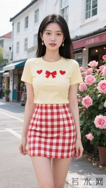 黄色短袖搭格纹短裙，青春又有活力