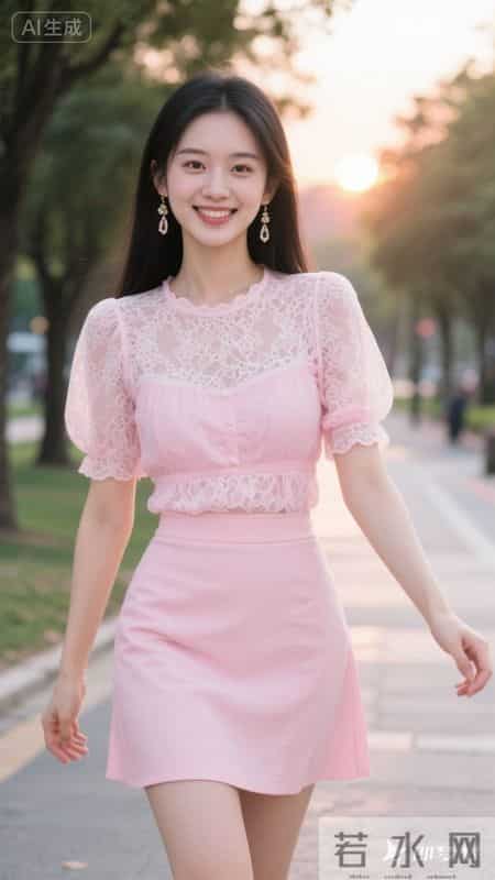 粉蕾丝泡泡袖上衣配同色包臀裙，漫步黄昏街道，甜美精致又温柔