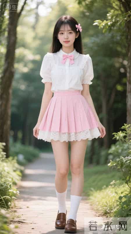 娃娃领衬衫+粉百褶裙,林间漫步,把可爱穿在身上