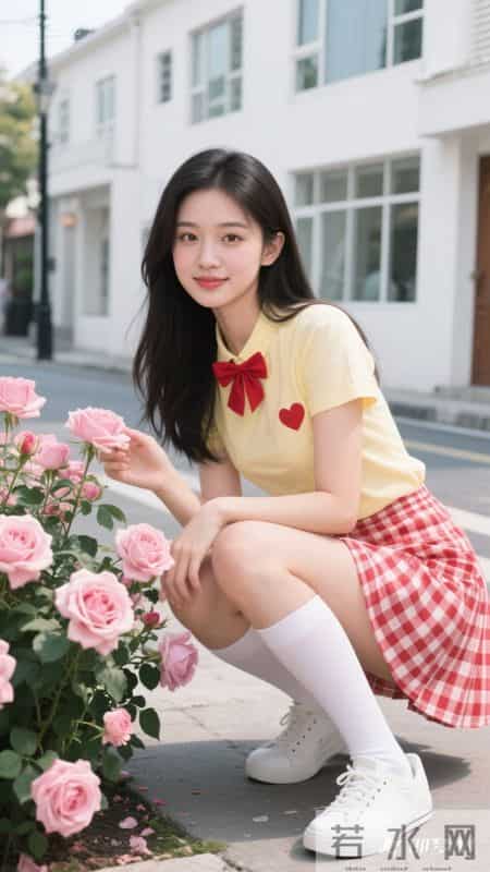 黄色短袖搭格纹短裙，青春又有活力