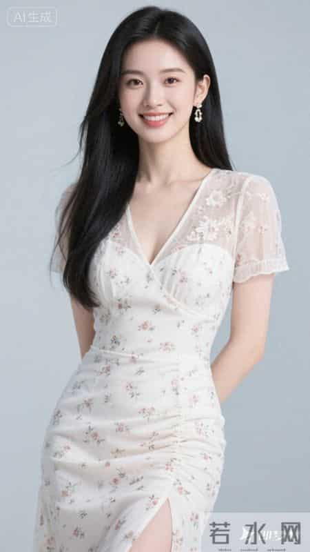 V领碎花连衣裙，鱼尾裙摆，清新又显身材