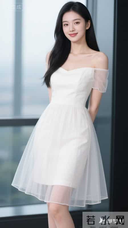 一字肩网纱连衣裙，薄袖轻透，裙摆灵动，尽显温柔优雅的气质