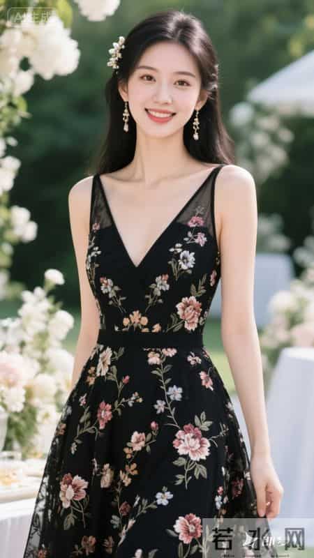 繁花缀满黑裙,温柔又明艳,在花墙前,氛围感直接拉满