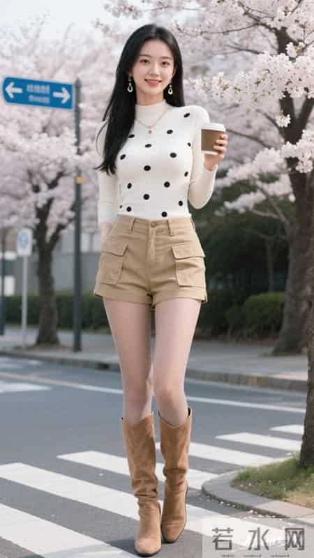 白底黑点上衣,搭配卡其色工装短裤利落显腿长,甜酷感拉满