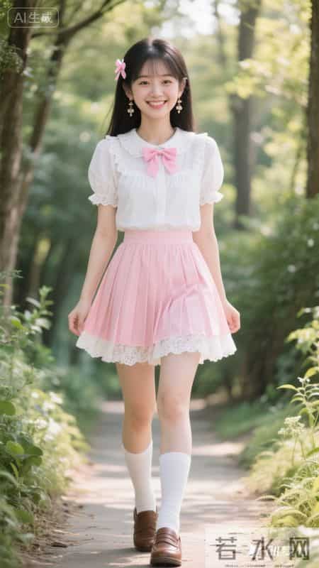 娃娃领衬衫+粉百褶裙,林间漫步,把可爱穿在身上