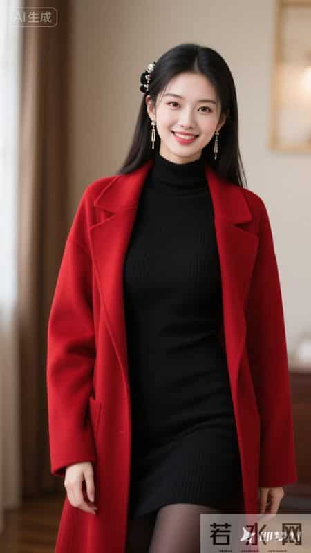 正红大衣搭黑色针织裙，明艳大气，简约又高级