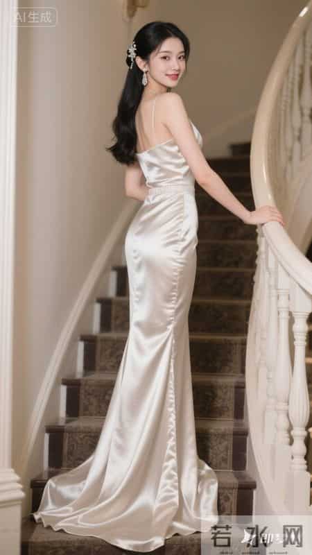 缎面鱼尾礼服拖尾蜿蜒，尽显优雅华贵气质
