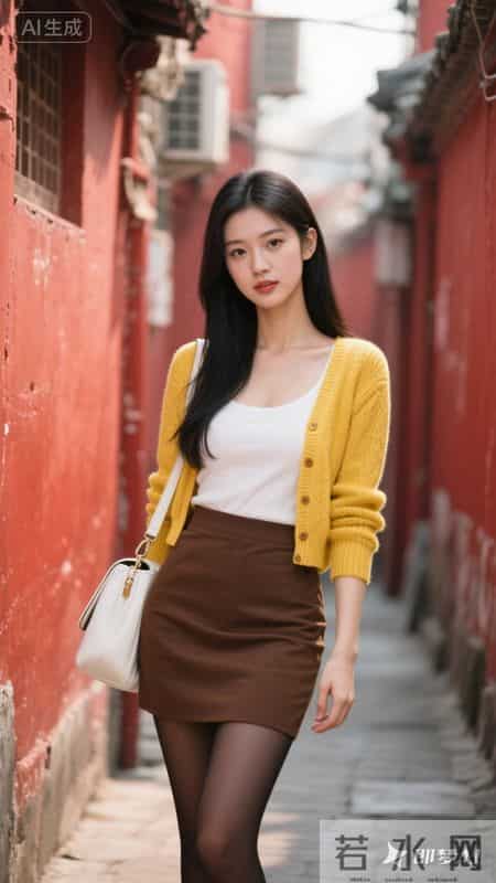 明黄针织开衫搭配白背心与棕短裙，活力又温柔