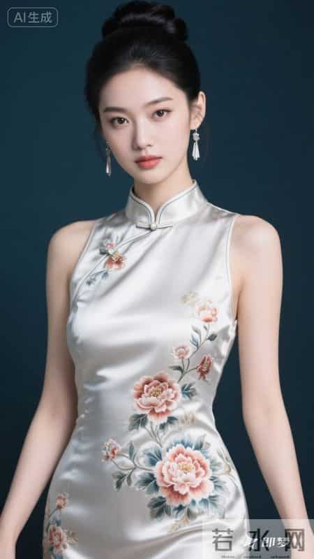 缎面旗袍绣繁花，立领高开叉，在回廊间邂逅东方雅致