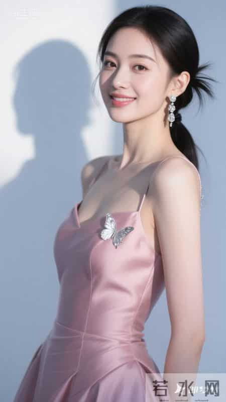 身着粉缎抹胸礼服，银蝶精致闪耀，浅笑间尽显优雅温柔