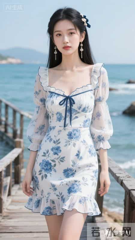 蓝白碎花方领连衣裙,泡泡袖+荷叶边设计,清新又显气质