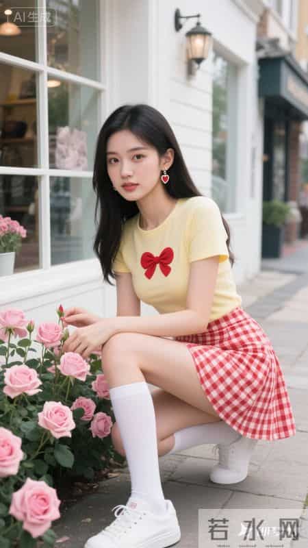 黄色短袖搭格纹短裙，青春又有活力