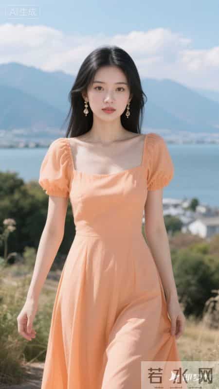 暖橘色方领泡泡袖连衣裙，清新又元气