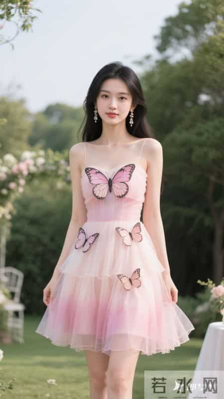 渐变粉纱裙配蝴蝶装饰,邂逅粉色浪漫
