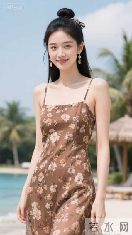 咖底白花吊带长裙，面料轻薄，穿着凉快又显气质