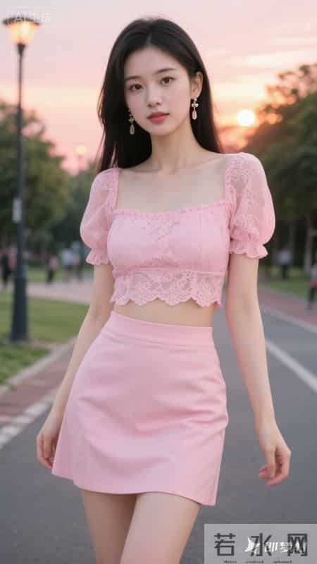 粉蕾丝泡泡袖上衣配同色包臀裙，漫步黄昏街道，甜美精致又温柔