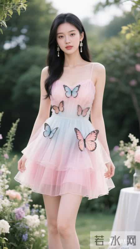 渐变粉纱裙配蝴蝶装饰,邂逅粉色浪漫