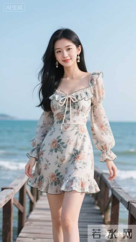 蓝白碎花方领连衣裙,泡泡袖+荷叶边设计,清新又显气质