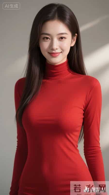 绝色佳人,中国红色高领打底上衣女人,美极了