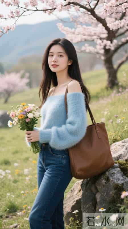 清新温柔的春日松弛风~浅蓝色一字肩毛绒毛衣自带软萌氛围感